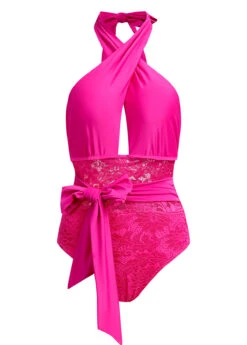 Lace Stitching Rose Red Cross Halter One Piece Swimwear -Rosewe Promotion Store 1697777413273046022