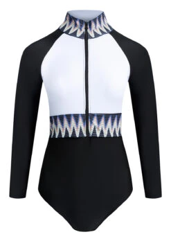 Quarter Zip Chevron Print Color Block One Piece Swimwear -Rosewe Promotion Store 1697793775061535282