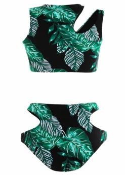 Mid Waisted Leaf Print Cut Out Black Bikini Set -Rosewe Promotion Store 1697854856521502279