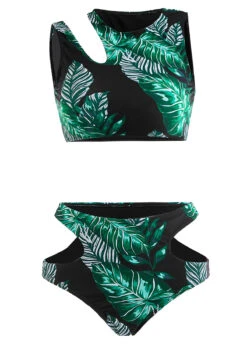Mid Waisted Leaf Print Cut Out Black Bikini Set -Rosewe Promotion Store 1697854856694772060
