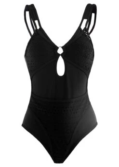 Metal Ring Detail Lace Patchwork Black One Piece Swimwear -Rosewe Promotion Store 1697855098777923565
