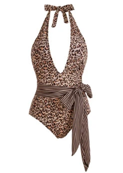 Belted Leopard Print Halter One Piece Swimwear -Rosewe Promotion Store 1697878097447009490