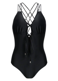 Tie Front Criss Cross Black One Piece Swimwear -Rosewe Promotion Store 1698031056223722765
