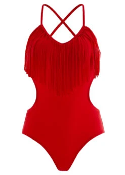 Tassel Spaghetti Strap Red One Piece Swimwear -Rosewe Promotion Store 1698039315728417974