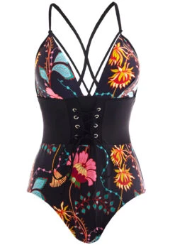 Lace Up Front Tie Back Floral Print One Piece Swimwear -Rosewe Promotion Store 1698047489561825551