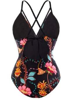 Lace Up Front Tie Back Floral Print One Piece Swimwear -Rosewe Promotion Store 1698048364670372281