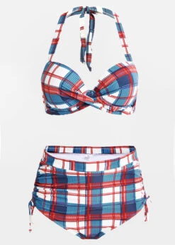 High Waisted Plaid Print Drawstring Side Bikini Set -Rosewe Promotion Store 1698219103482621079