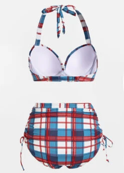 High Waisted Plaid Print Drawstring Side Bikini Set -Rosewe Promotion Store 1698219197159381407