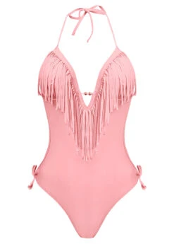 Light Pink Tassel Embellished Halter One Piece Swimwear -Rosewe Promotion Store 1698289610394900011