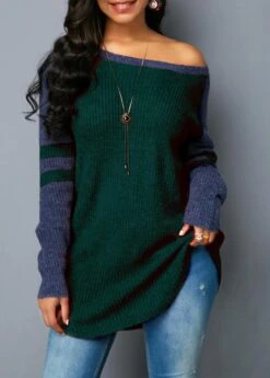 Dark Green Curved Hem Varsity Stripe Sweater