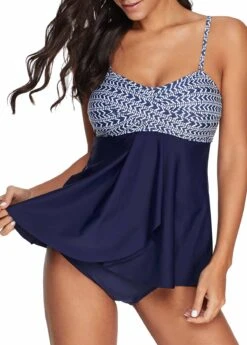 Navy Blue Crossover Hem Chevron Print Tankini Set -Rosewe Promotion Store 218565 P 15512480404353