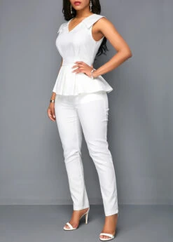 White V Neck Sleeveless Peplum Jumpsuit -Rosewe Promotion Store 219284 P 16503499211613