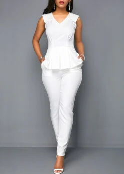 White V Neck Sleeveless Peplum Jumpsuit