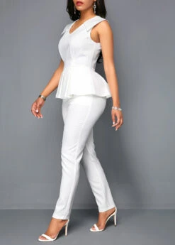 White V Neck Sleeveless Peplum Jumpsuit -Rosewe Promotion Store 219284 P 16503499216672