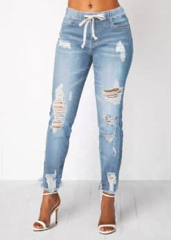 Elastic Waist Pocket Light Blue Shredded Jeans