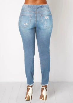 Elastic Waist Pocket Light Blue Shredded Jeans -Rosewe Promotion Store 219442 P 1551082563853