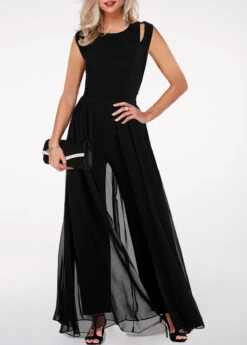 Black High Waist Round Neck Chiffon Overlay Jumpsuit