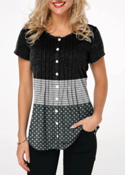 Crinkle Chest Round Neck Button Up T Shirt