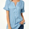 Split Neck Roll Sleeve Button Front Denim Blouse -Rosewe Promotion Store 222178 P 15711326594410