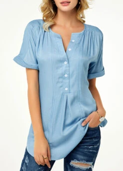 Split Neck Roll Sleeve Button Front Denim Blouse