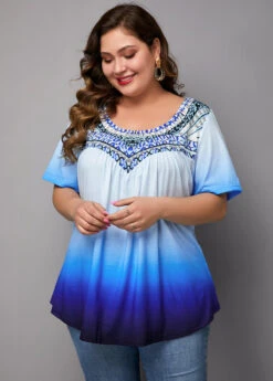 Short Sleeve Tribal Print Ombre Blouse -Rosewe Promotion Store 222279 P 15758868566903