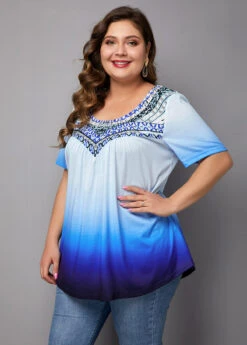 Short Sleeve Tribal Print Ombre Blouse -Rosewe Promotion Store 222279 P 15758868569592