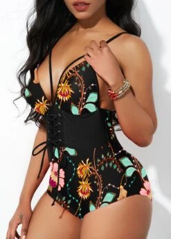 Lace Up Front Tie Back Floral Print One Piece Swimwear -Rosewe Promotion Store 224017 P 16215742660422