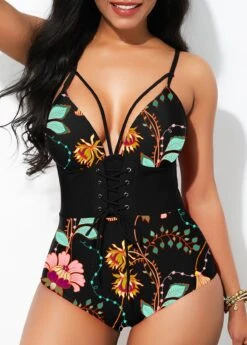 Lace Up Front Tie Back Floral Print One Piece Swimwear