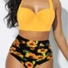 High Waist Cutout Back Halter Sunflower Print Bikini Set -Rosewe Promotion Store 225522 P 1679645392119