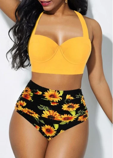 High Waist Cutout Back Halter Sunflower Print Bikini Set 3 High Waist Cutout Back Halter Sunflower Print Bikini Set