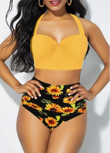 High Waist Cutout Back Halter Sunflower Print Bikini Set 5 High Waist Cutout Back Halter Sunflower Print Bikini Set - Image 3
