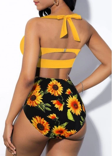 High Waist Cutout Back Halter Sunflower Print Bikini Set 4 High Waist Cutout Back Halter Sunflower Print Bikini Set - Image 2