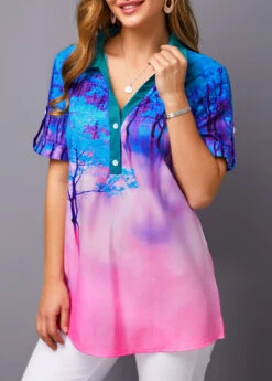 Printed Roll Tab Sleeve Button Detail Blouse -Rosewe Promotion Store 226729 P 15748472190782