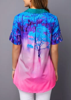 Printed Roll Tab Sleeve Button Detail Blouse -Rosewe Promotion Store 226729 P 15748472192801