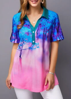 Printed Roll Tab Sleeve Button Detail Blouse -Rosewe Promotion Store 226729 P 15748472196793