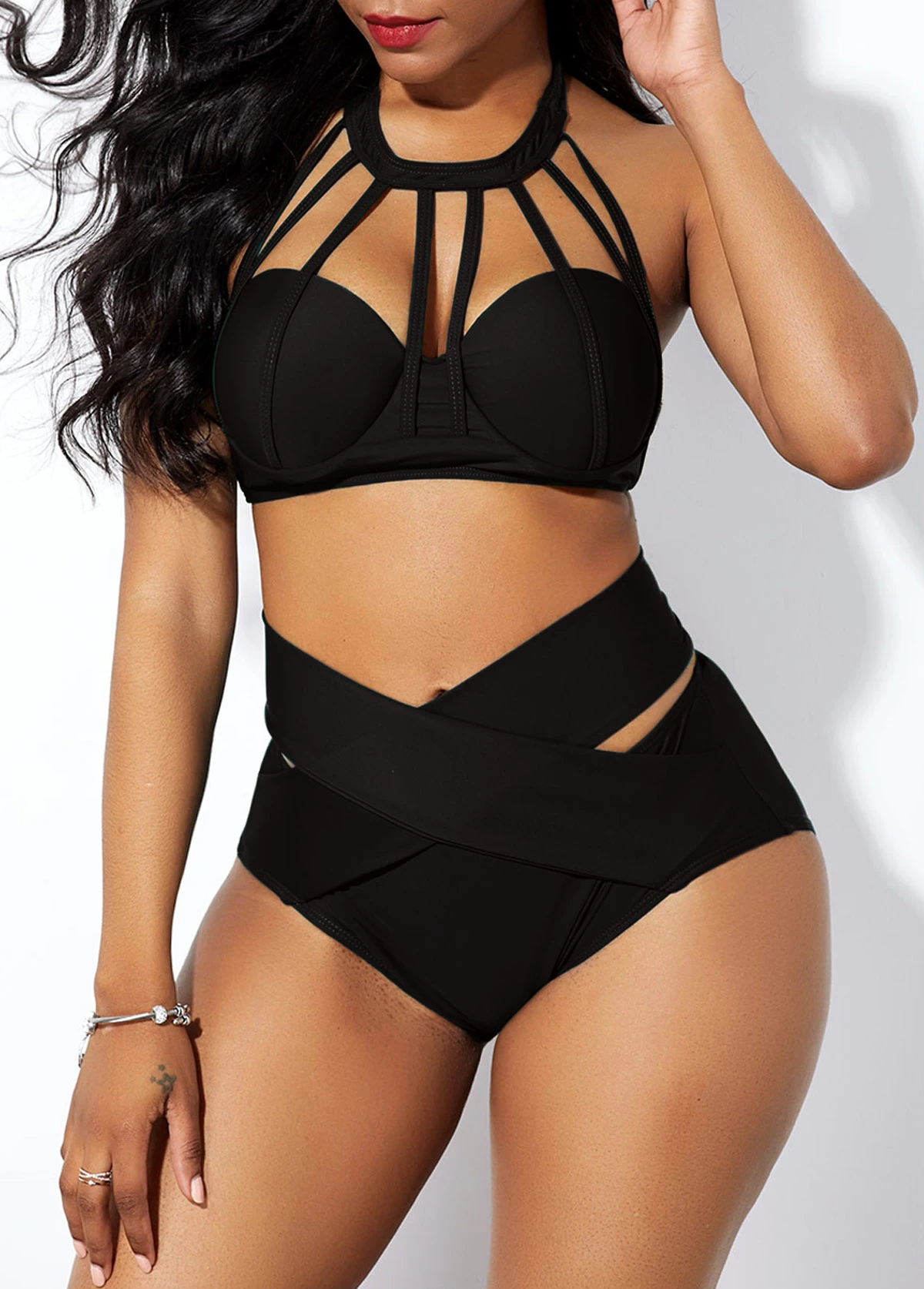 High Waist Cage Neck Cross Front Bikini Set 5 High Waist Cage Neck Cross Front Bikini Set - Image 3
