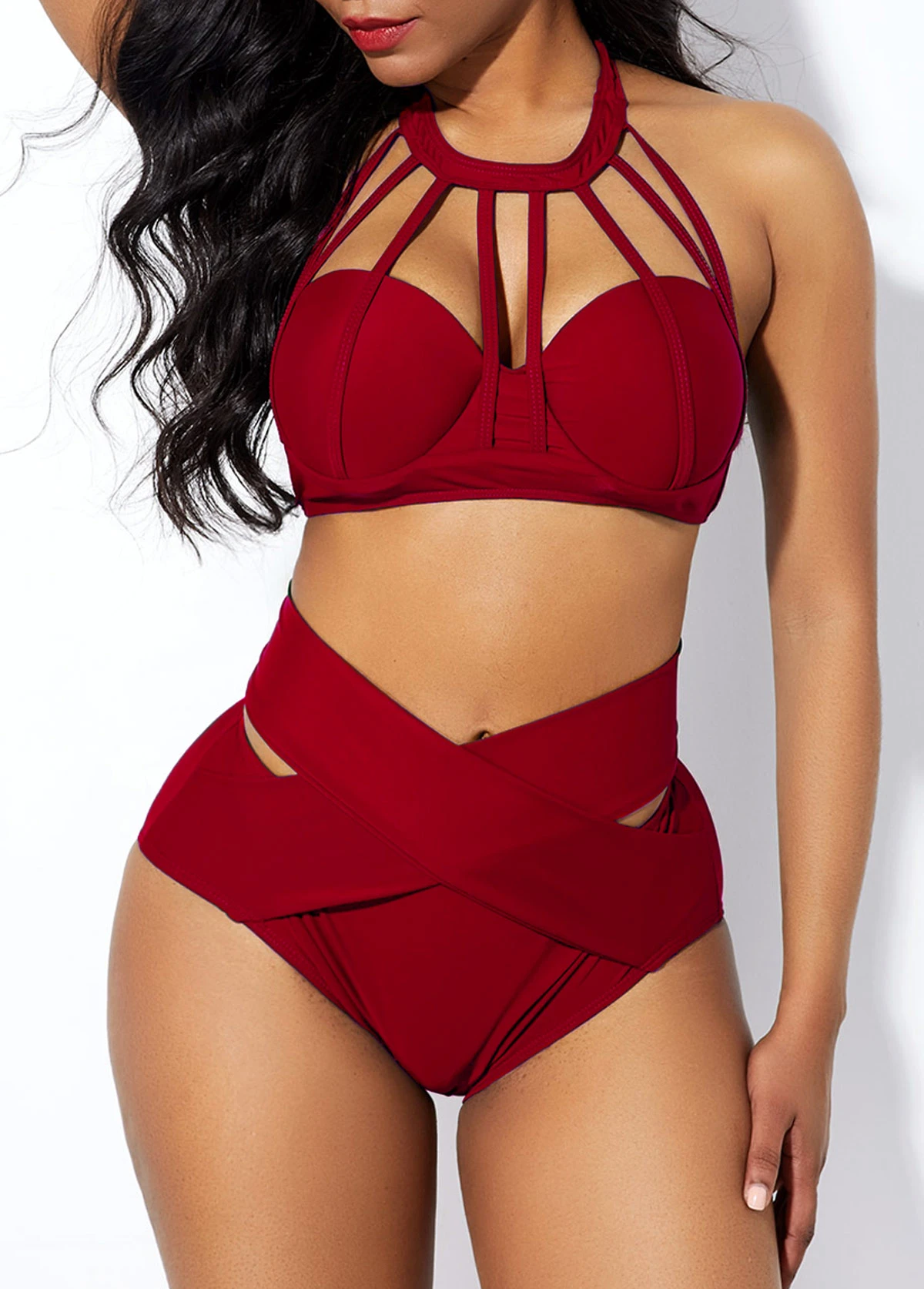High Waist Cross Front Cage Neck Bikini Set 3 High Waist Cross Front Cage Neck Bikini Set