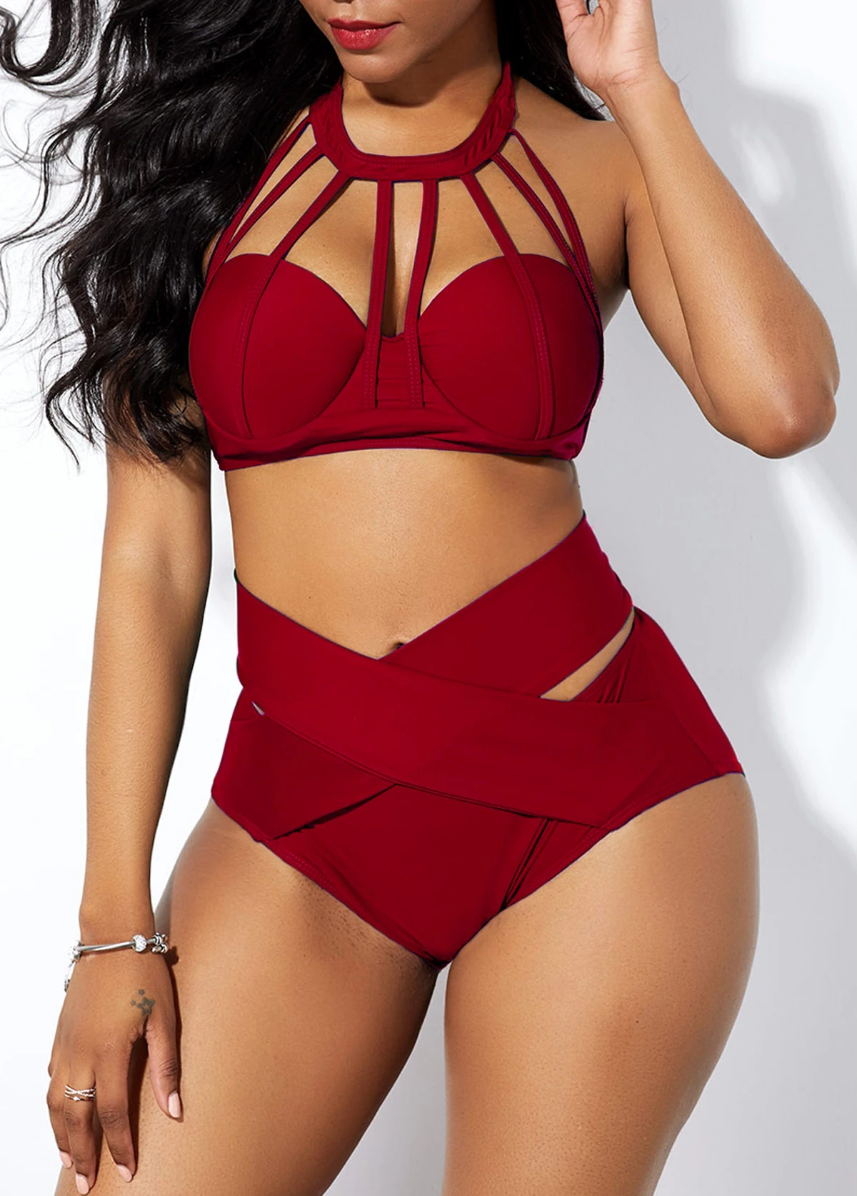 High Waist Cross Front Cage Neck Bikini Set 4 High Waist Cross Front Cage Neck Bikini Set - Image 2