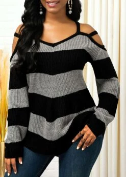 Cold Shoulder Color Block Long Sleeve Sweater -Rosewe Promotion Store 228677 P 15682842076723