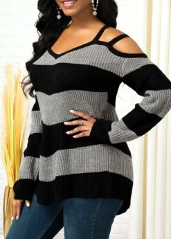 Cold Shoulder Color Block Long Sleeve Sweater -Rosewe Promotion Store 228677 P 15682842079712