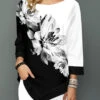 Three Quarter Sleeve Flower Print Asymmetric Hem T Shirt -Rosewe Promotion Store 229190 P 1584338754067