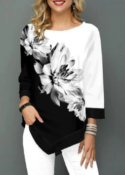 Three Quarter Sleeve Flower Print Asymmetric Hem T Shirt