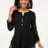Button Detail Asymmetric Hem Lace Panel Blouse -Rosewe Promotion Store 229735 P 1591267639539