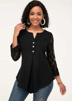 Button Detail Asymmetric Hem Lace Panel Blouse