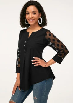 Button Detail Asymmetric Hem Lace Panel Blouse -Rosewe Promotion Store 229735 P 1591267640934