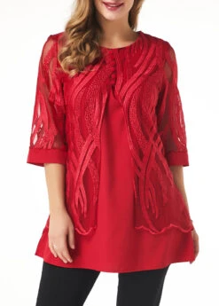 Button Detail Lace Panel Layered Hem T Shirt