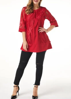 Button Detail Lace Panel Layered Hem T Shirt -Rosewe Promotion Store 230004 P 16285601451634