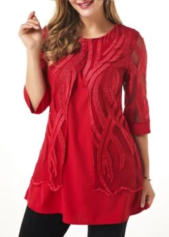 Button Detail Lace Panel Layered Hem T Shirt -Rosewe Promotion Store 230004 P 16285601455663