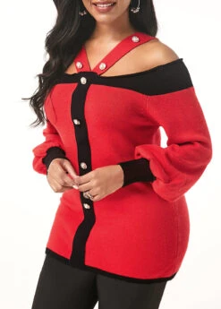 Blouson Sleeve Cold Shoulder Pearl Embellished Sweater -Rosewe Promotion Store 230401 P 15710292719754