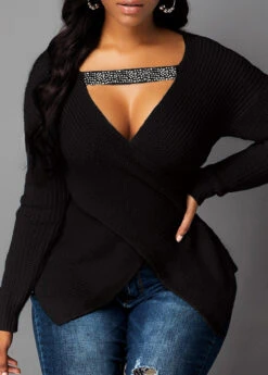 Cutout Front Asymmetric Hem Black Sweater